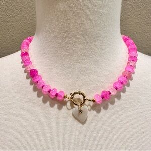 Pink and Gold Handmade Glass Beaded Necklace with Heart Pendant Charm Jewelry